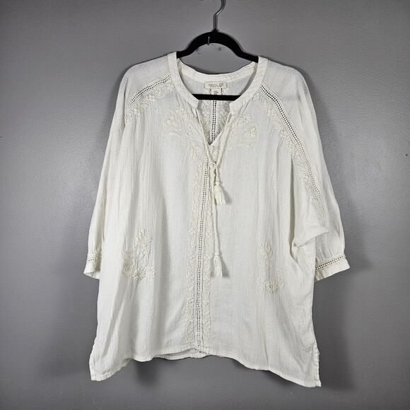 Rachel Zoe White Embroidered Metallic Top Size M oversized Cottagecore Peasant - Picture 1 of 7
